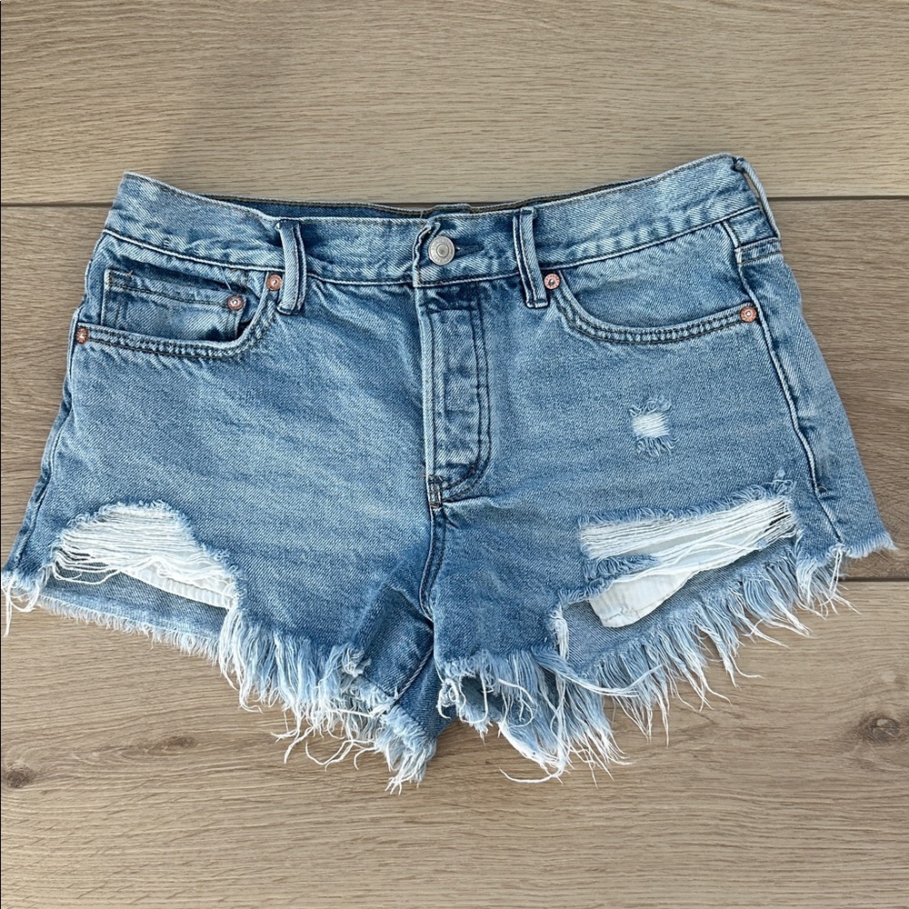 Free People Blue Distressed Jean Shorts